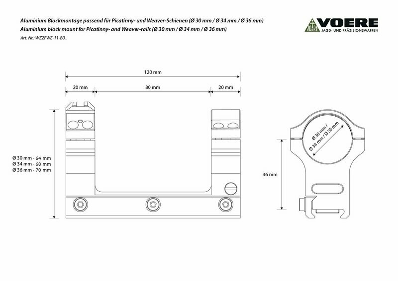 Attacco tattico per guide Picatinny / Weaver incl. livella (0/20/35 MOA - Ø 34 mm / altezza asse 36 mm)