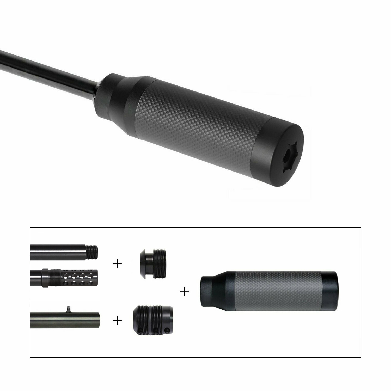 End-Barrel Schalldämpfer JAGD mit Universalaufnahme für Gewinde- oder Klemm- Adapter - Ideal für Kaliber bis 7,62