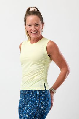 Women’s Hip Length Sweat Wicking Gym and Pilates Tank Top- Light Lemon Women’s Hip Length Sweat Wicking Gym and Pilates Tank Top- Light Lemon