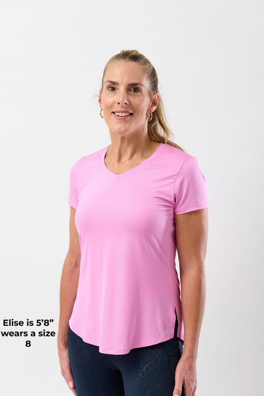 Women’s V-neck Bum Covering Stretchy Sweat Wicking Top - Pop Pink Women’s V-neck Bum Covering Stretchy Sweat Wicking Top - Pop Pink