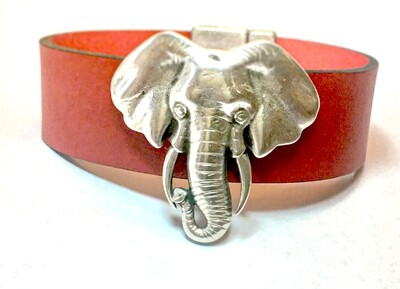 Bracelet | Women’s Red leather Elephant Small Silver Cuff