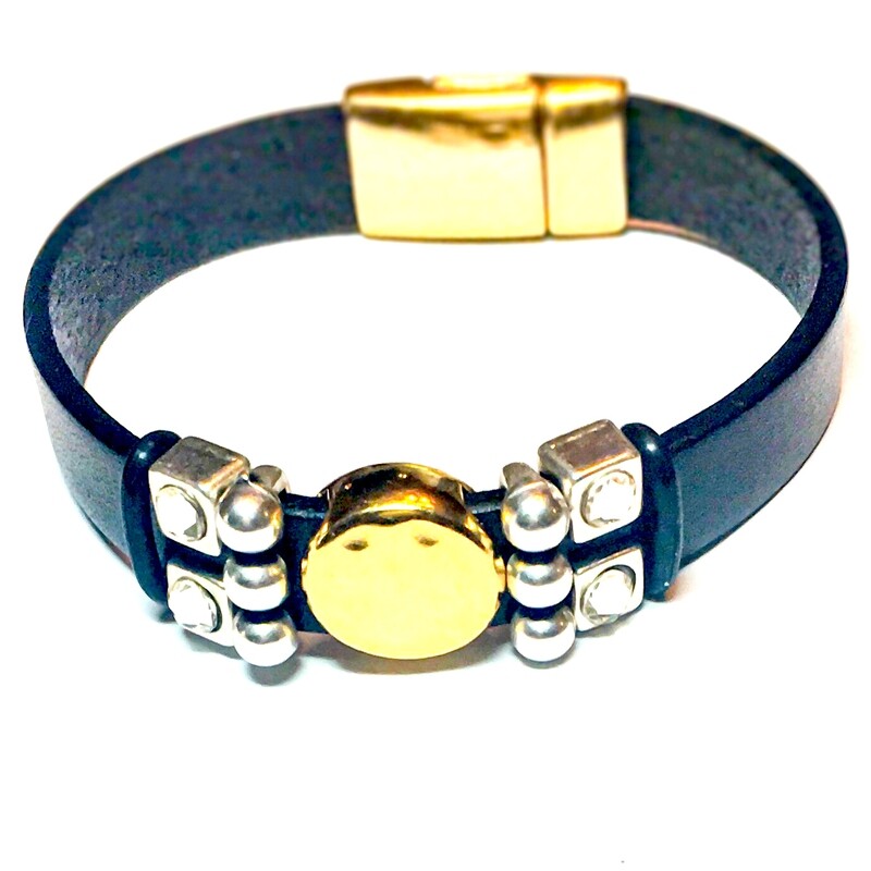 Bracelet | Women’s Black Leather &amp; Gold With Silver Bling