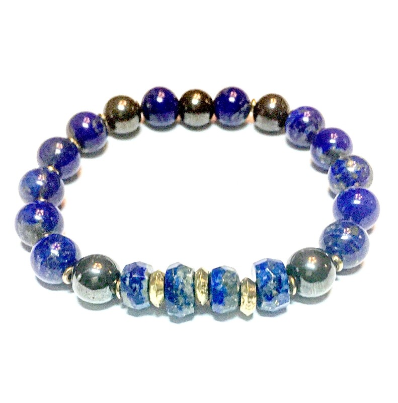 Bracelet| Men’s Lapis Natural StoneBracelet With Silver &amp; Gold