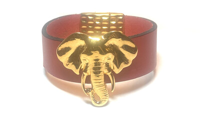 Bracelet | Women’s Red leather Small Elephant Gold Cuff Classy Creations Original 