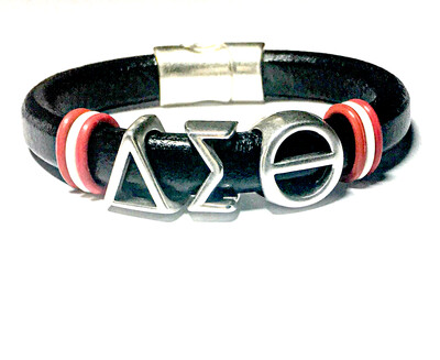 Bracelet | Black Leather Delta Sigma Theta With Red And With Rings Classy Creations Originals