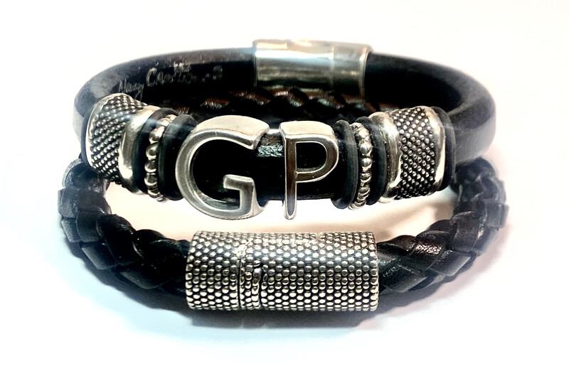 Bracelet | Men’s Black leather Initials Combo Set