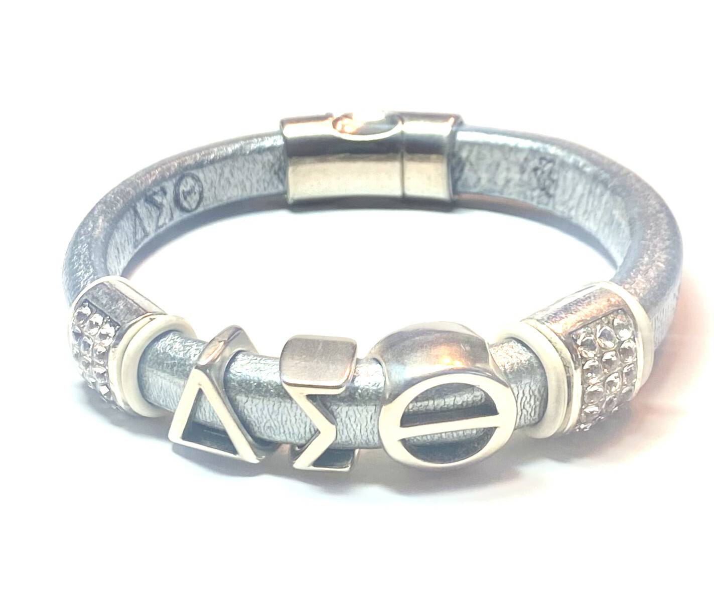 Bracelet | Silver Leather Delta Sigma Theta With Clear Bling And White Rings Classy Creations Originals