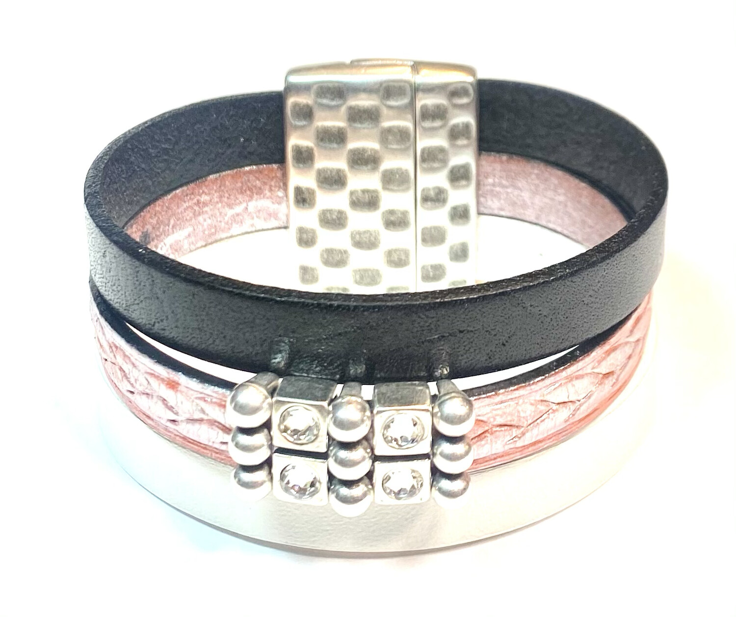 Bracelet| Women’s Three Toned Cuff Black,Metallic Pink And White Wrap Leather With Silver Bling Accents Classy Creations Original 