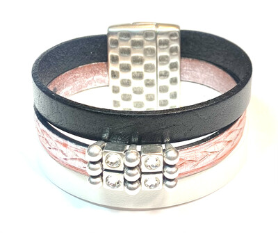 Bracelet|  Women’s Three Toned Cuff Black,Metallic Pink And White Wrap Leather With Silver Bling Accents Classy Creations Original 