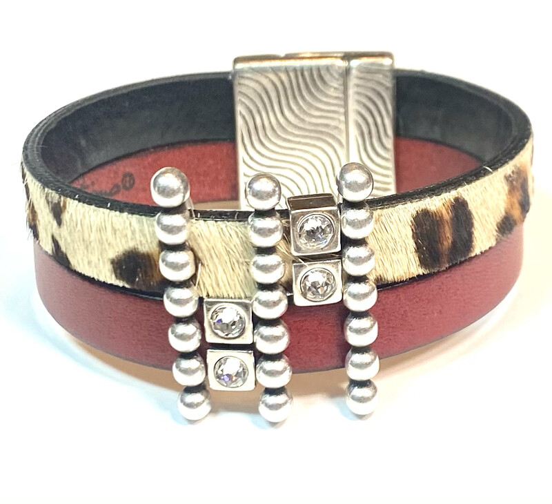 Bracelet|  Women’s Two Toned Cuff Red And Leopard Print Wrap Leather With Silver Bling Accents Classy Creations Original 