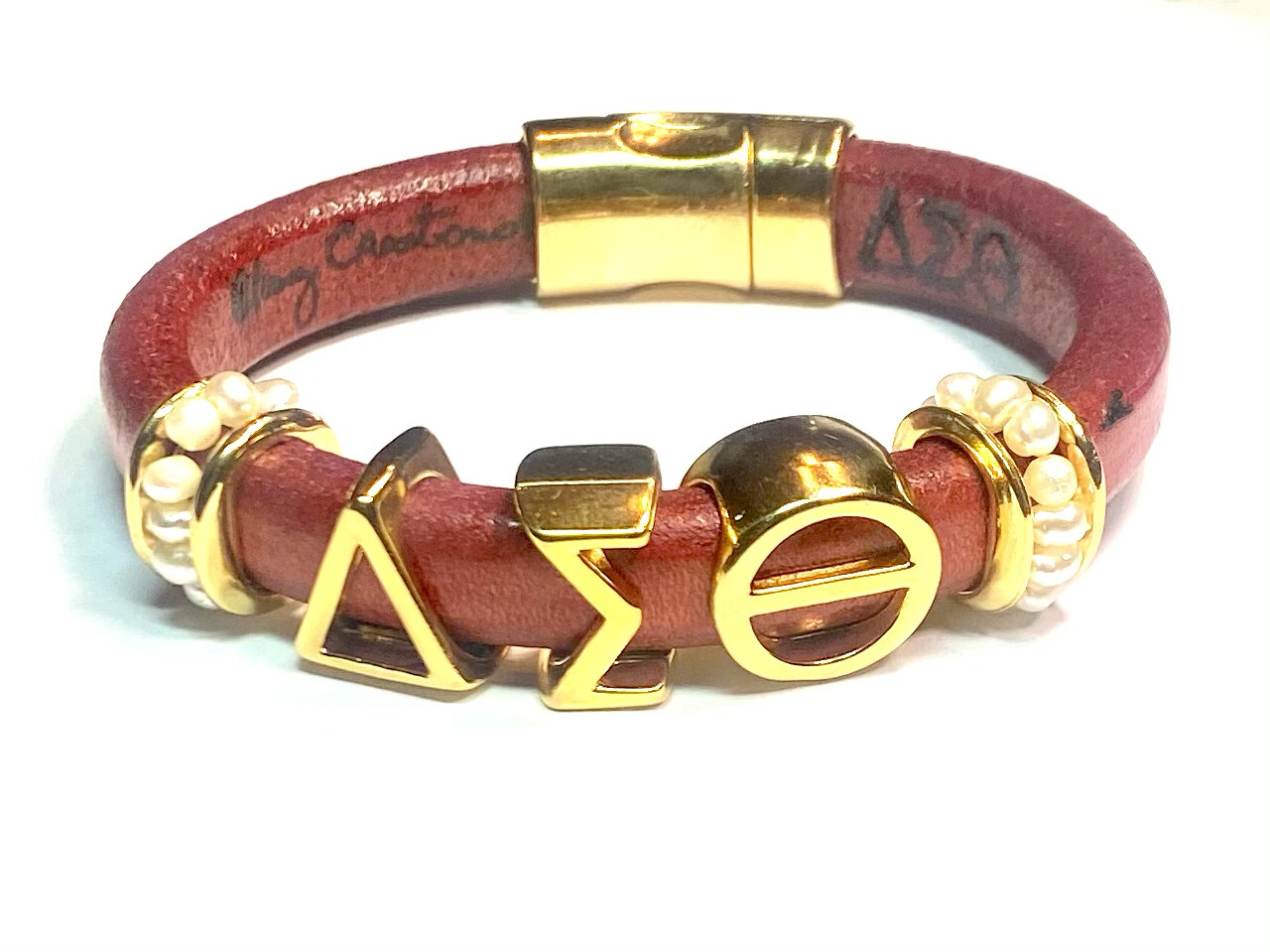 Bracelet | Red Leather With Pearls And Gold Bands Classy Creations Originals