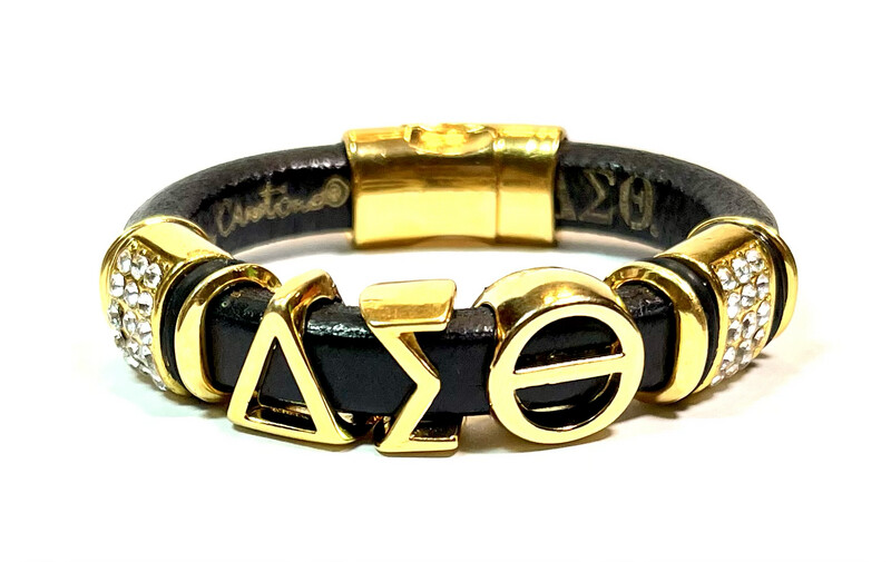 Bracelet | Delta Sigma Theta Black Leather With Gold Bling &amp; Gold Letters Classy Creations Originals
