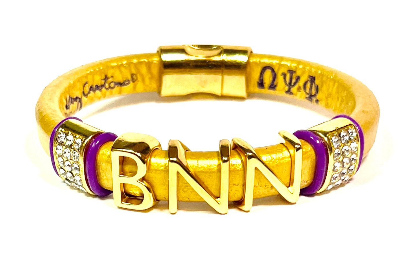 Bracelet/ Men’s Omega Gold Leather With Gold Letters And Bling Spacers