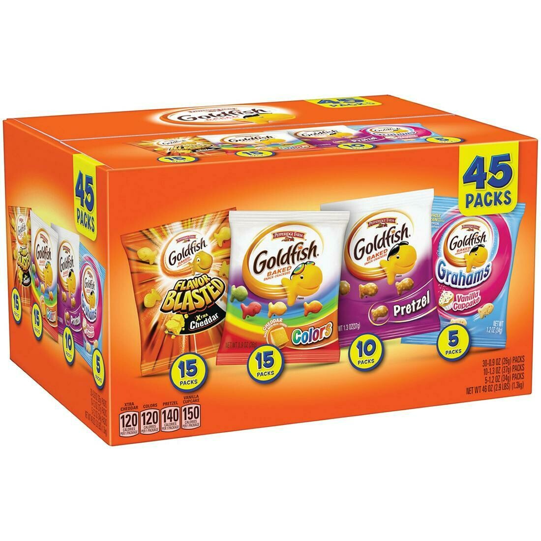 Goldfish Variety Pack Box 45ct (15 Xtra cheddar, 15 cheddar colors, 10 pretzel, 5 vanilla cupcake)