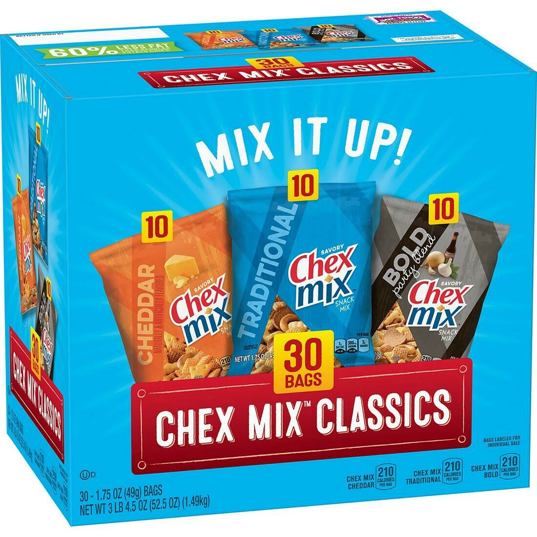 Chex Mix Variety Pack Box 30ct (10 cheddar, 10 traditional, 10 bold party blend)