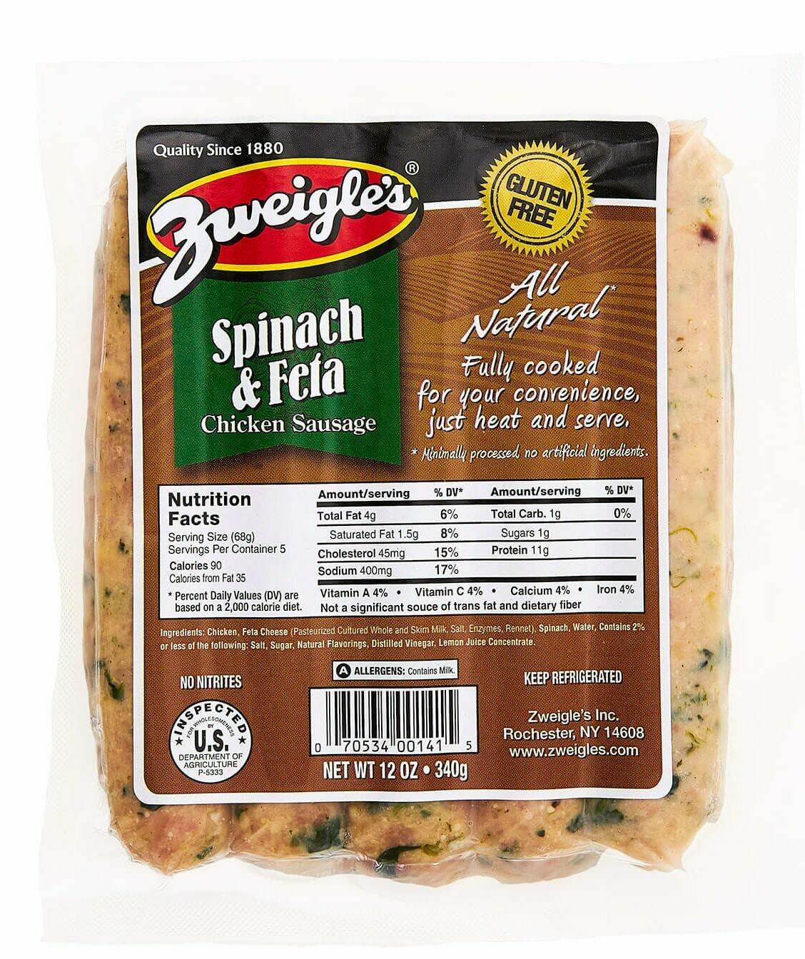 Zweigle's Chicken Sausage 4ct - Spinach & Feta