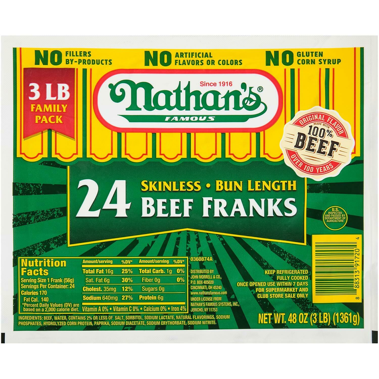 Hot Dogs 24ct     Nathan's Bun Length Skinless Beef Franks
