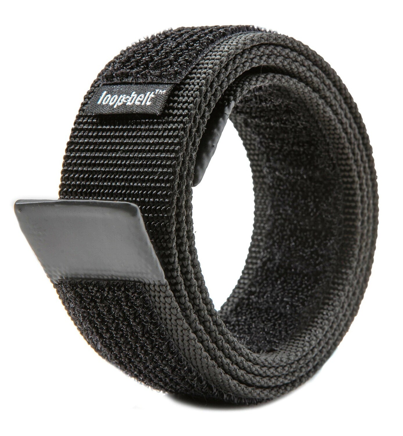 Loop-belt (uses hook and loop instead of a buckle, solid black, reversible, 1.375 inches wide, no metal)