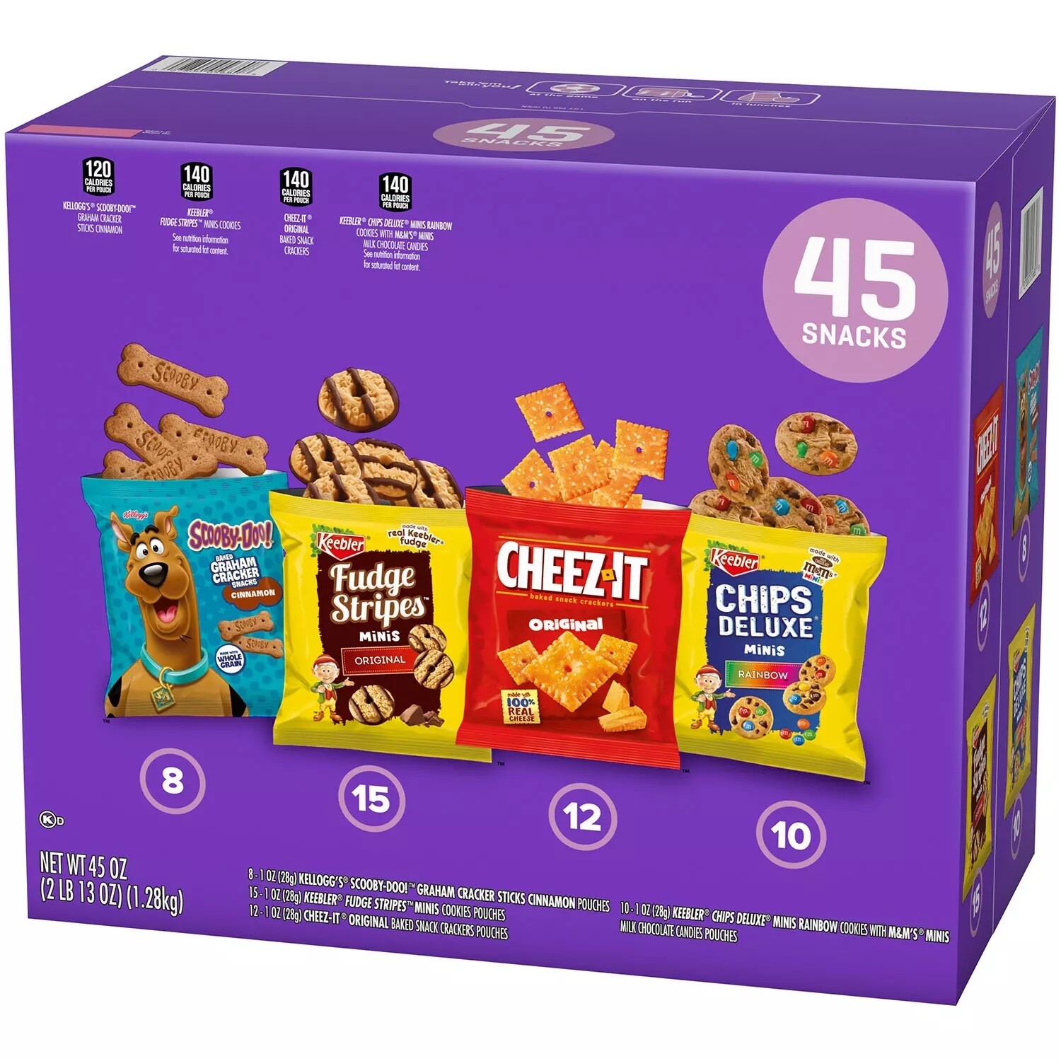 Keebler Snacking Assortment Variety Box 45ct (12 Cheez-it, 10 Chips Deluxe, 15 Fudge Stripes minis, 8 Scooby Doo Graham Cracker Snacks)