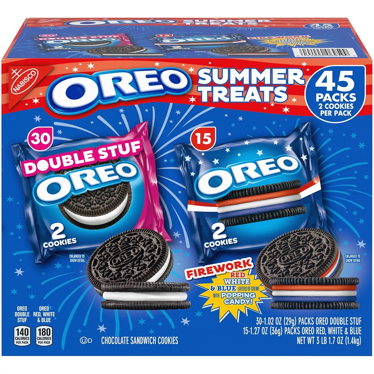 Oreo Summer Treats Variety Box 45ct (30 Double Stuf Oreo 2ct,
          15 Red White & Blue Oreos 2ct)