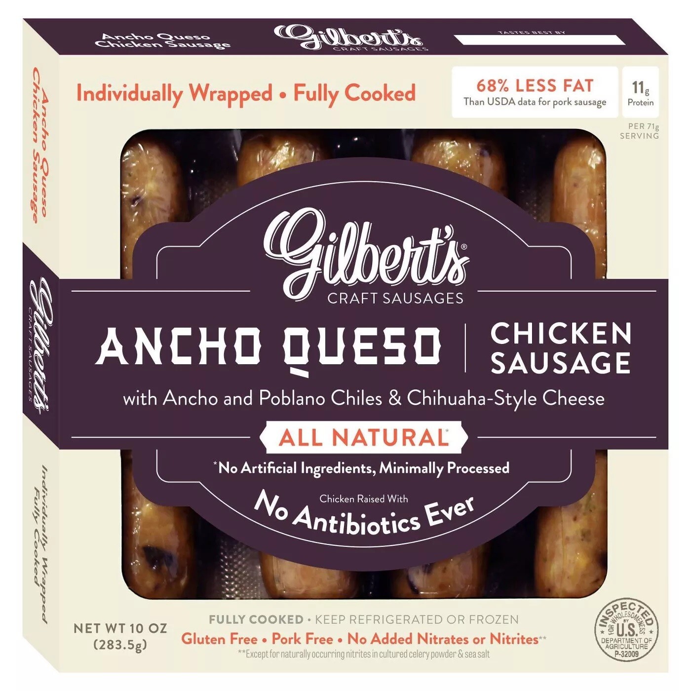Gilbert’s Craft Sausages 4ct, individually wrapped (pork free) - Ancho Queso