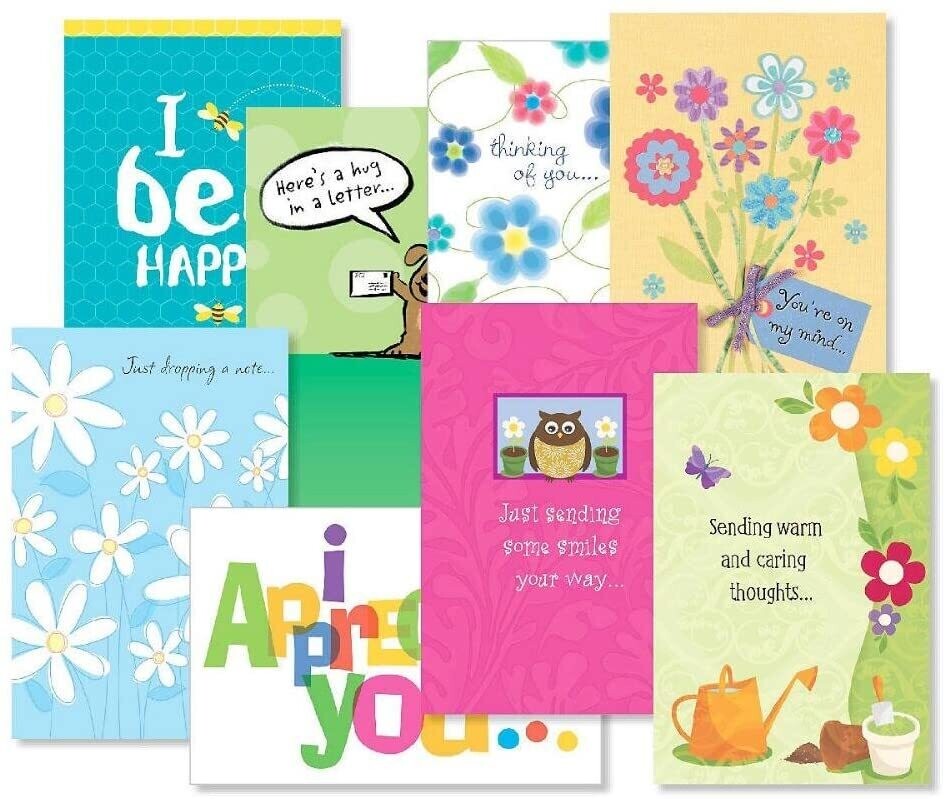 Thinking of You Greeting Cards Value Pack - Set of 16 (8 Designs) Large 5" x 7" Cards