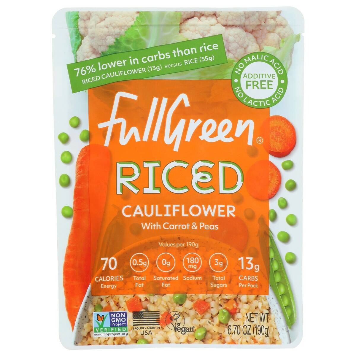 Fullgreen Riced Cauliflower with Carrots & Peas Microwavable Pouch