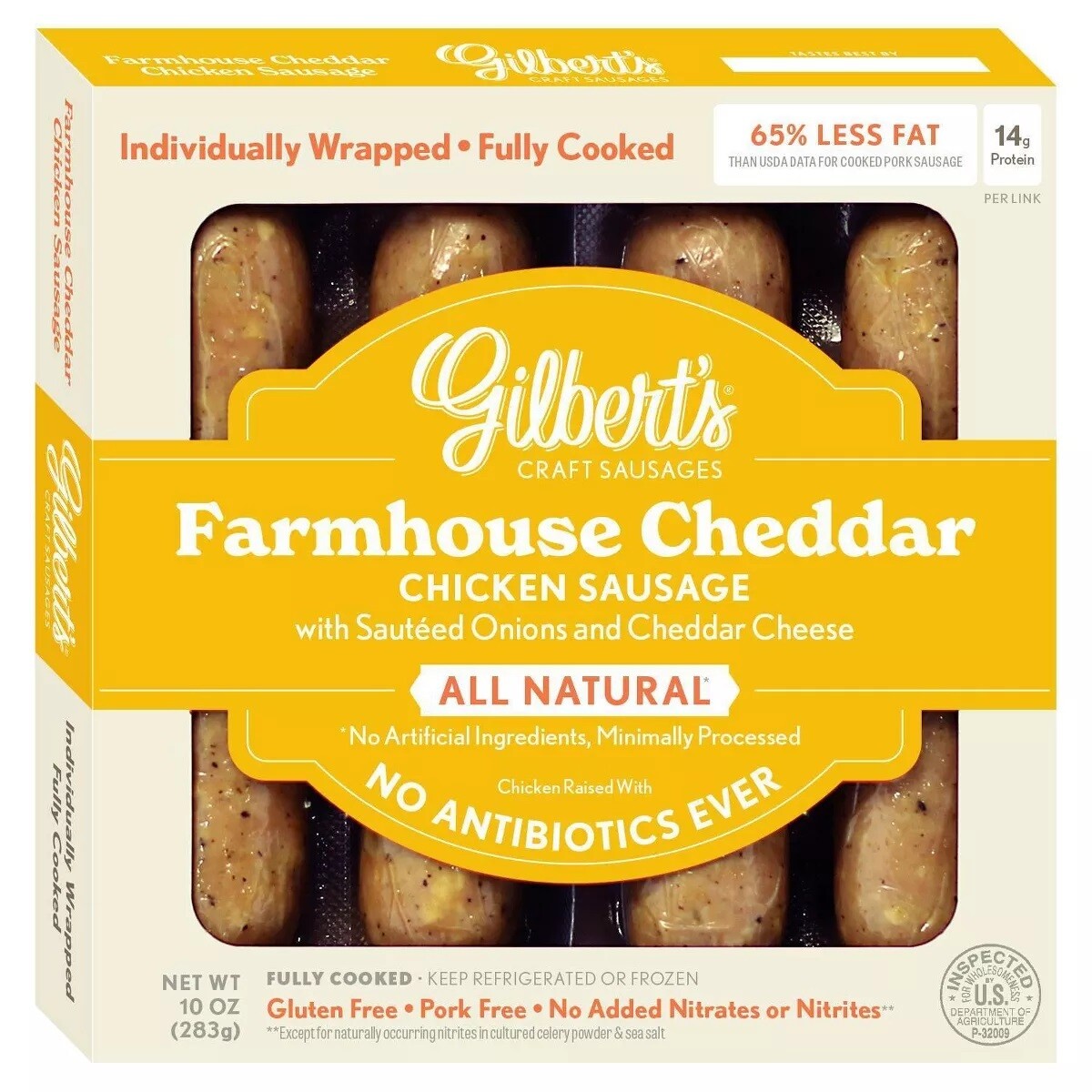 Gilbert’s Craft Sausages 4ct, individually wrapped (pork free) - Farmhouse Cheddar