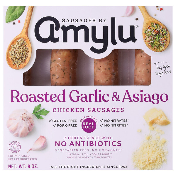 Amylu Chicken Sausages 4ct (pork free) -Roasted Garlic & Asiago
(individually wrapped)