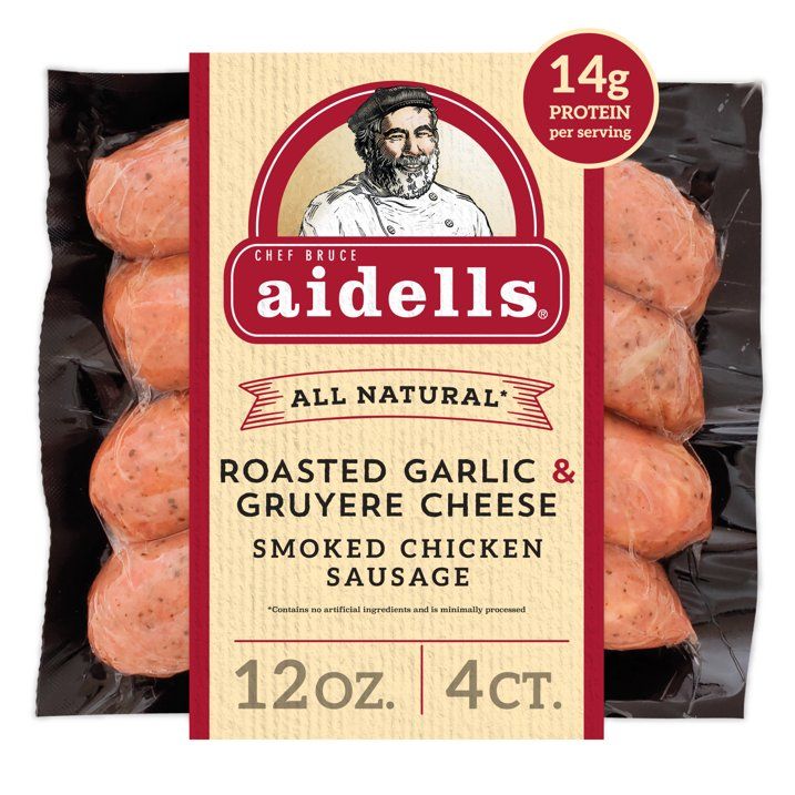 Aidells Chicken Sausage (contains pork)     Roasted Garlic &amp; Gruyere Cheese 4ct