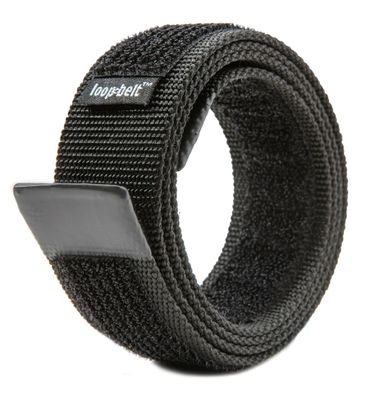 Loop-belt (uses hook and loop instead of a buckle, solid black, reversible, 1.375 inches wide, no metal) Loop-belt (uses hook and loop instead of a buckle, solid black, reversible, 1.375 inches wide, no metal)