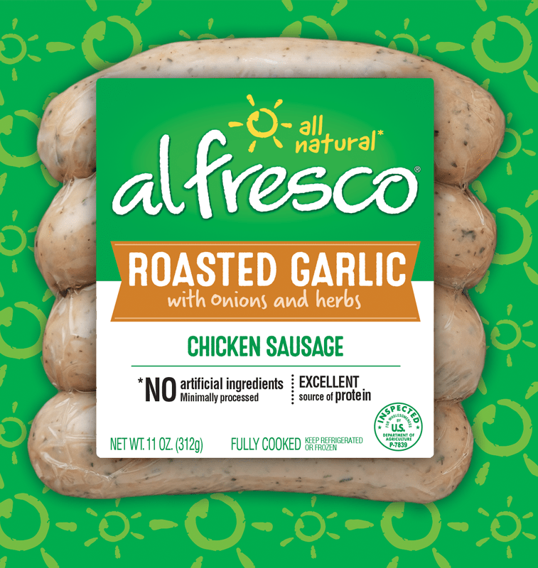 Al Fresco Chicken Sausage 4ct (contains pork) Roasted Garlic with Onions and Herbs Al Fresco Chicken Sausage 4ct (contains pork) Roasted Garlic with Onions and Herbs