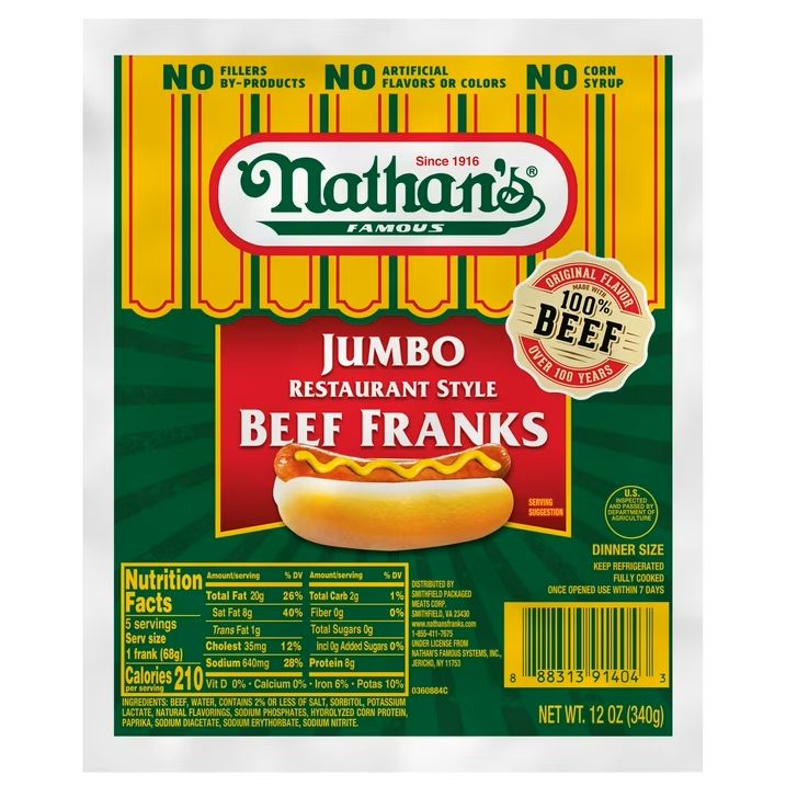 Hot Dogs 8ct     Nathan's Jumbo Restaurant Style Beef Franks 5ct