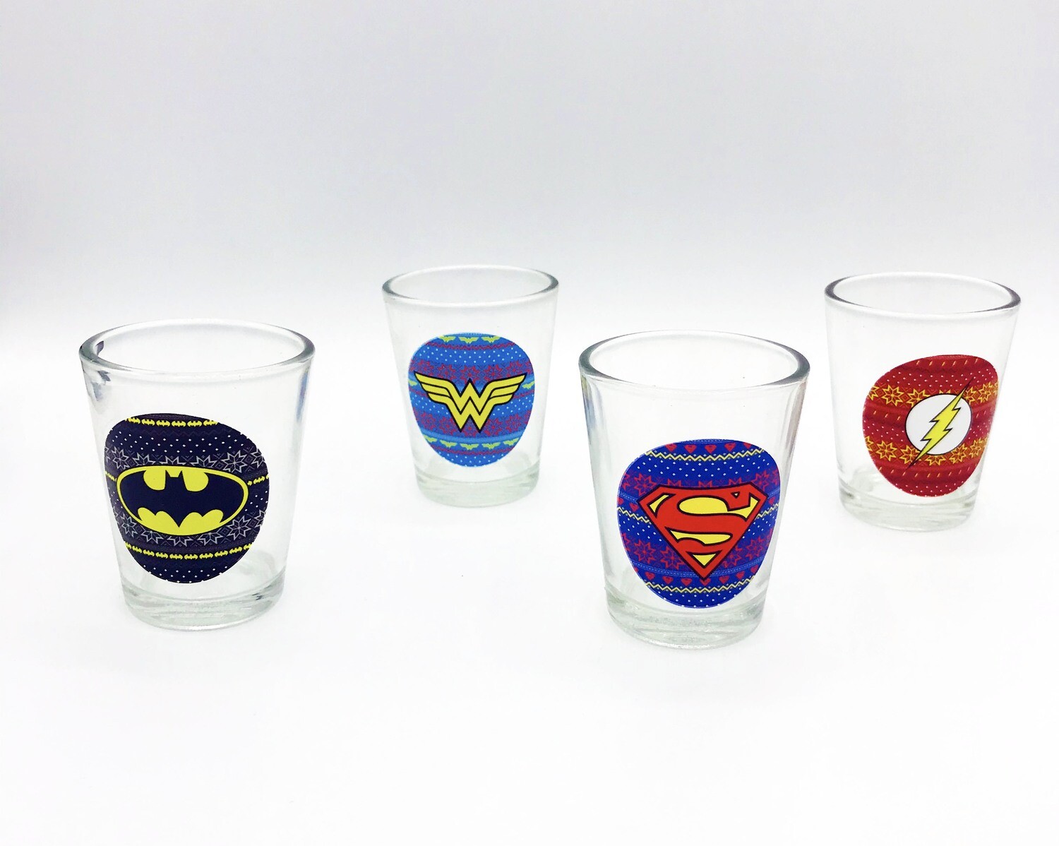 Batman, Superman, Wonder Woman, The Flash Logos DC Comics Christmas Sweater Design Shot Glasses Set of 4