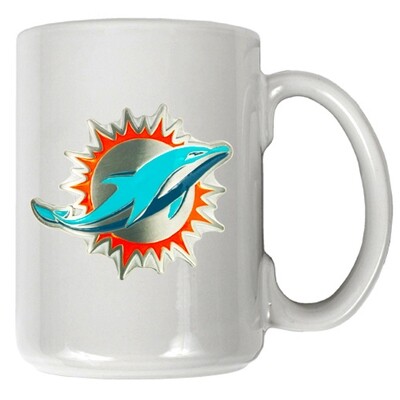 Miami Dolphins NFL White Ceramic Mug with Metal 3D Dolphins Logo Emblem