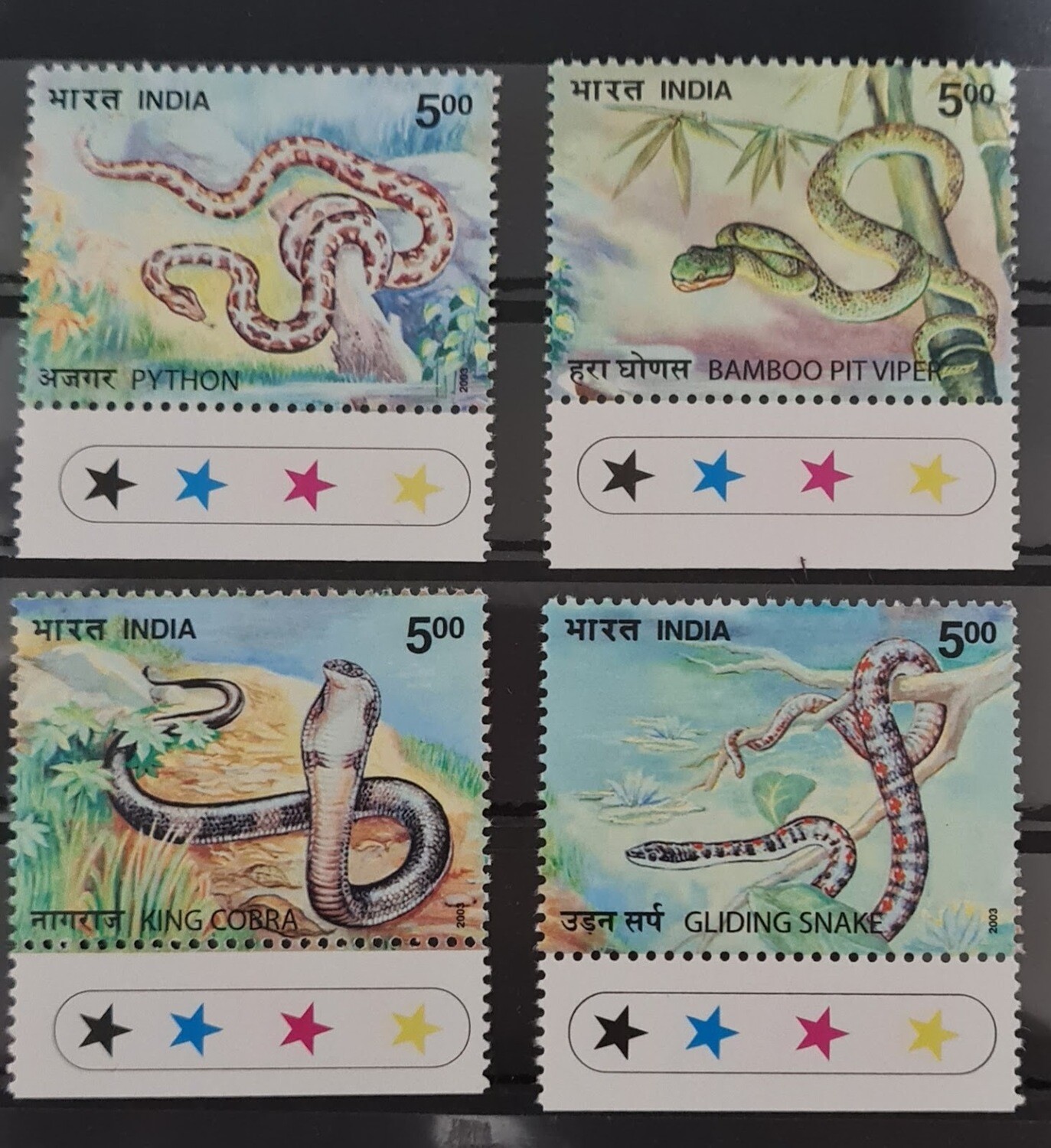 INDIA-NATURE INDIA-SNAKES:PYTHON,PIT VIPER,KING COBRA,GLIDING SNAKE   2003  MNH  set of 4