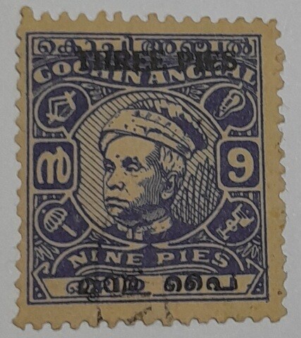 COCHIN STAMPS-MAHARAJA KERALA VARMA III (VI-RAJA), USED, 3 PIES ON 9 PIES, ULTRAMARINE