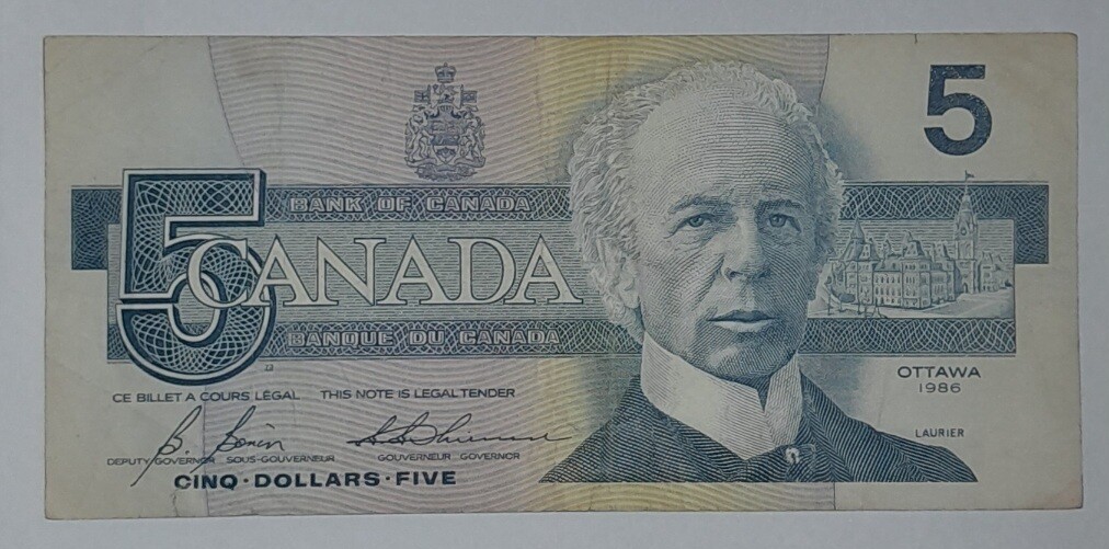 CANADA 5 DOLLAR 1986 VF, BELTED KINGFISHER IN REVERSE
