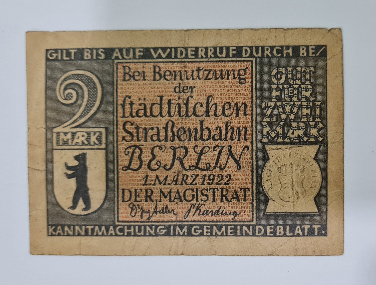 PRUSSIAN PROVINCE OF BERLIN(GERMAN NOTGELD) 2 MARK 1922