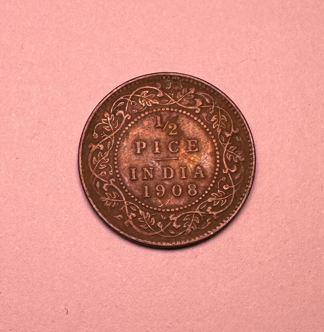 BRITISH INDIA 1/2 PICE-1908, BRONZE