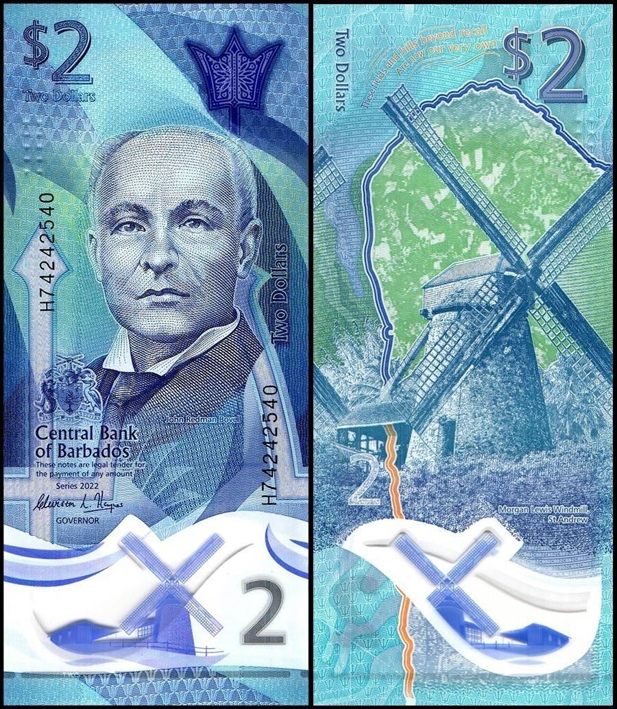 BARBADOS 2 DOLLARS POLYMER UNC