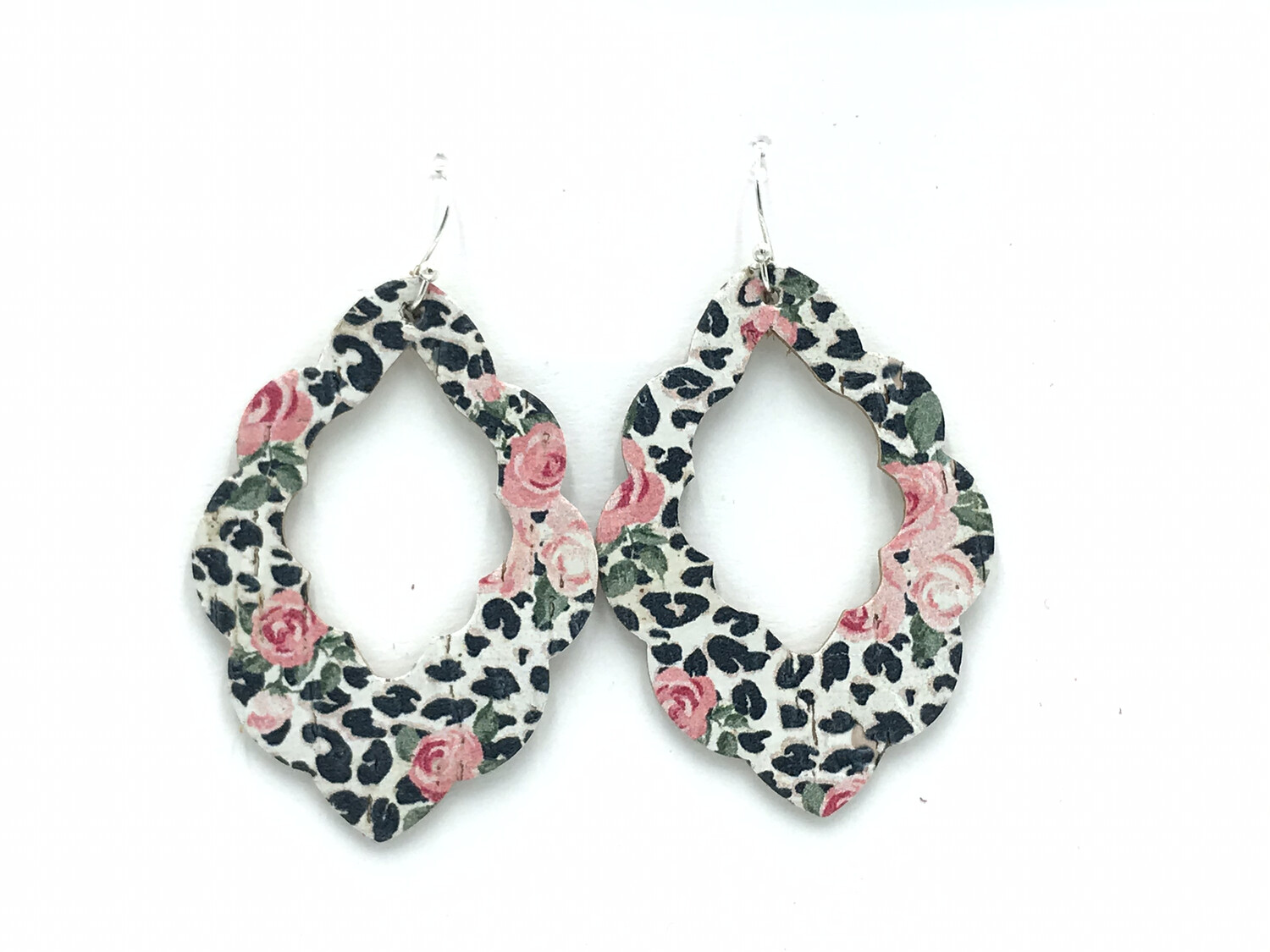 ROSES AND WHITE LEOPARD CORK LEATHER SCALLOPED EARRINGS