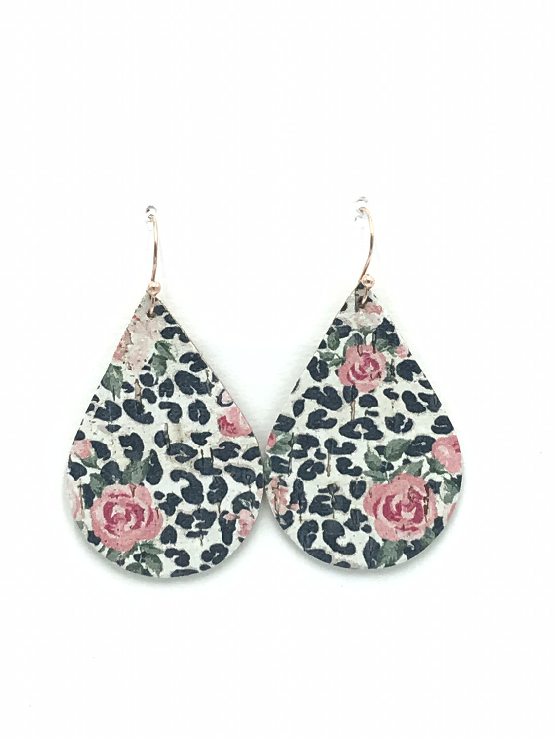 ROSES AND WHITE LEOPARD CORK LEATHER TEARDROP EARRINGS