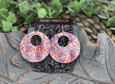 RED/BLUE TIE DYE CIRCLE CUT OUT CORK/LEATHER EARRINGS