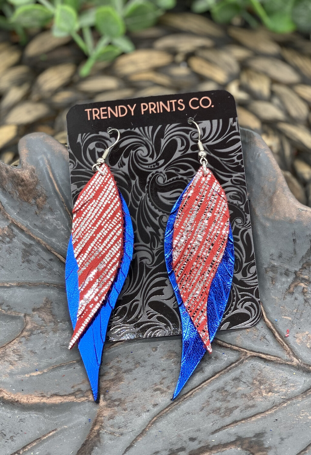 RED/SILVER STRIPES AND BLUE FEATHER LEATHER EARRINGS