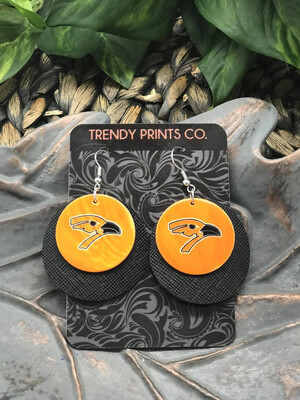 AUGUSTA ORIOLE SHELL ON ROUND BLACK LEATHER EARRINGS - LARGE
