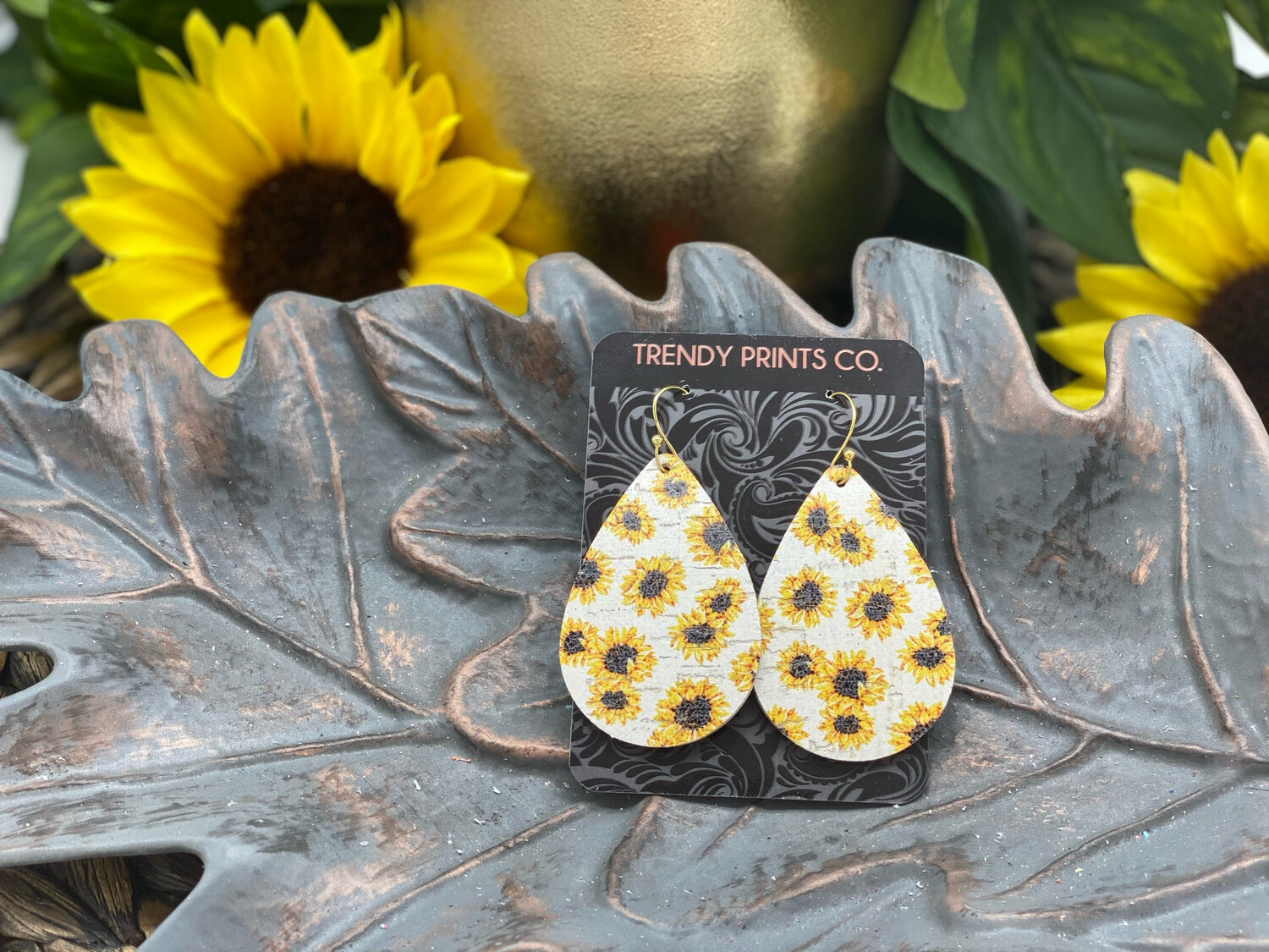 SUNFLOWERS ON WHITE CORK/LEATHER EARRINGS