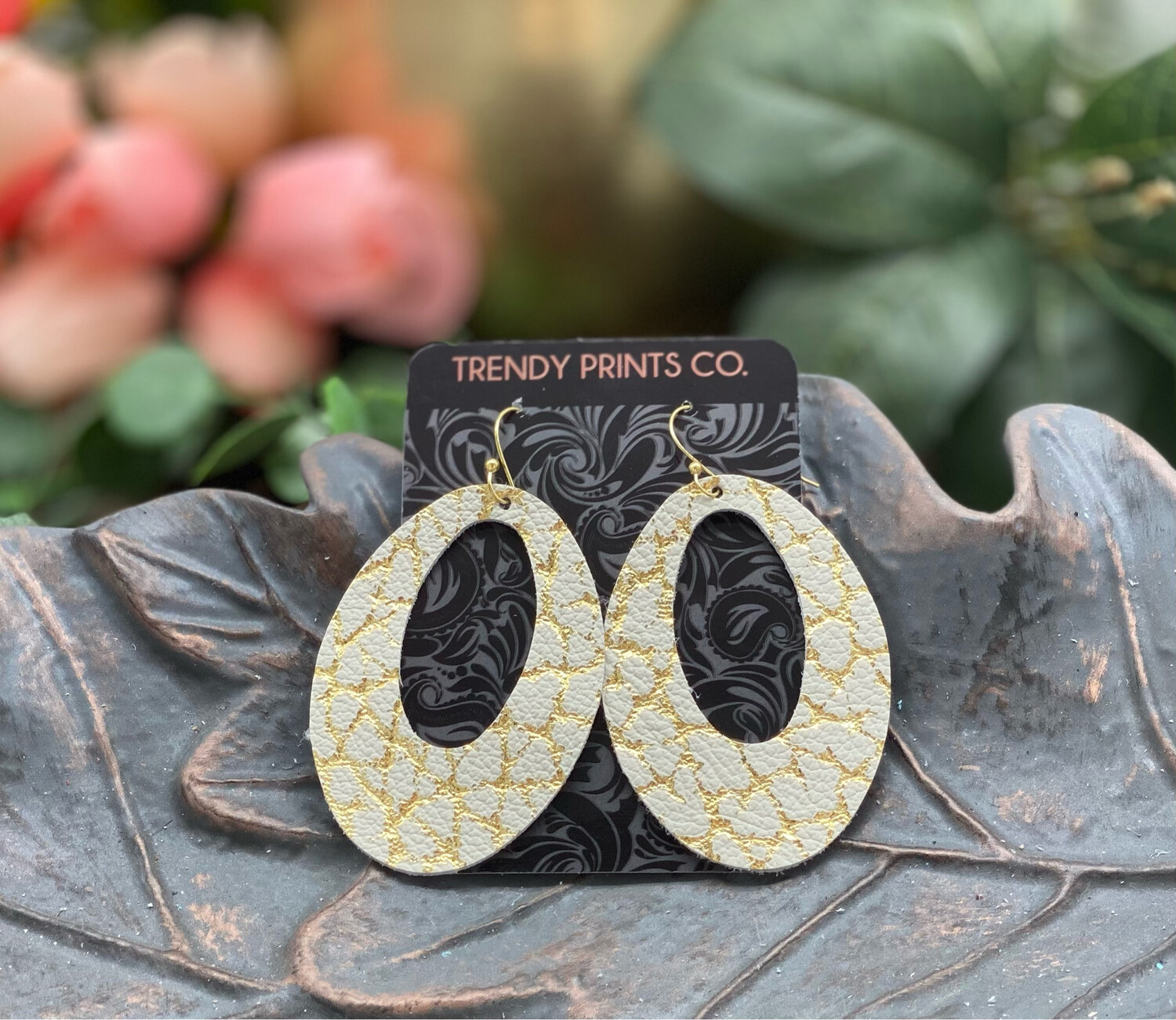 CRACKED GOLD ON IVORY OVAL CUT OUT LEATHER EARRINGS