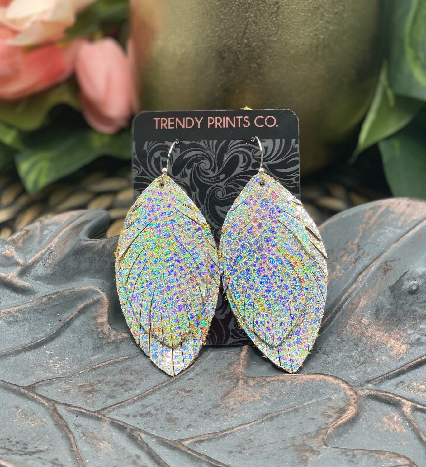 SILVER IRIDESCENT FEATHER LEATHER EARRINGS