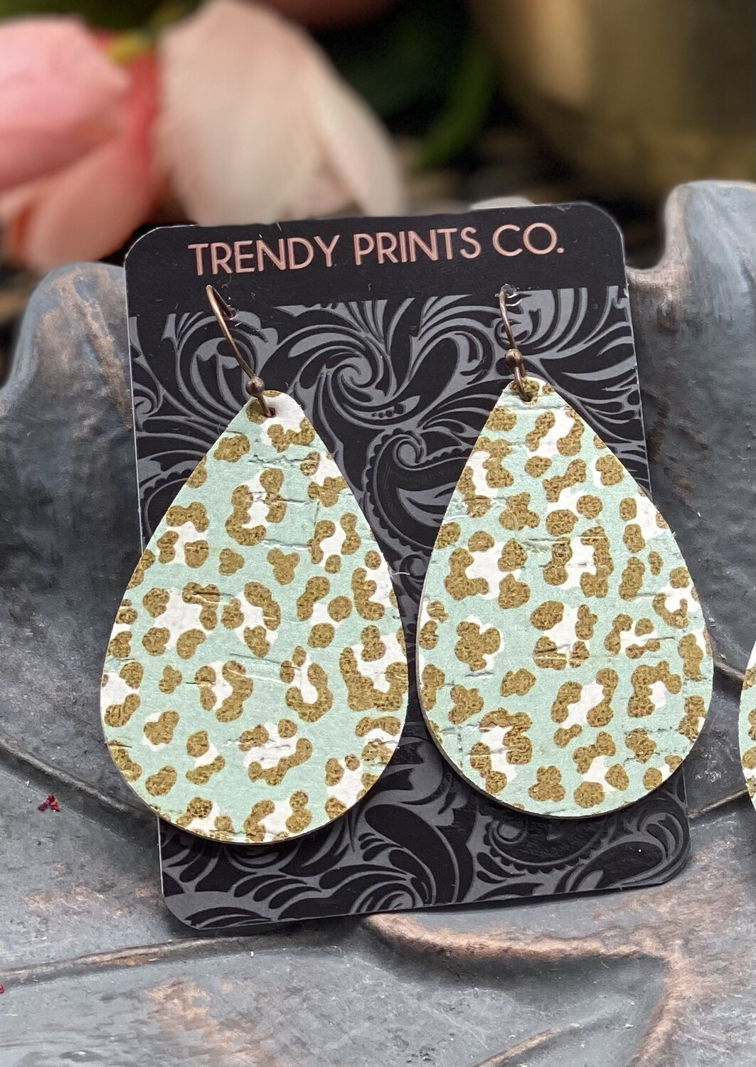 MINT GREEN LEOPARD CORK/LEATHER EARRINGS